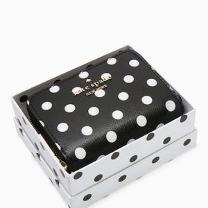 Kate Spade Cheers Boxed Small Zip Around Card Case Black Charming Dots K7238